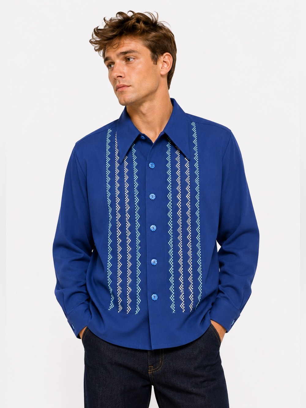 Vintage MCM Cobalt Blue Button Down Shirt / Cardigan With Geo Print Strips L